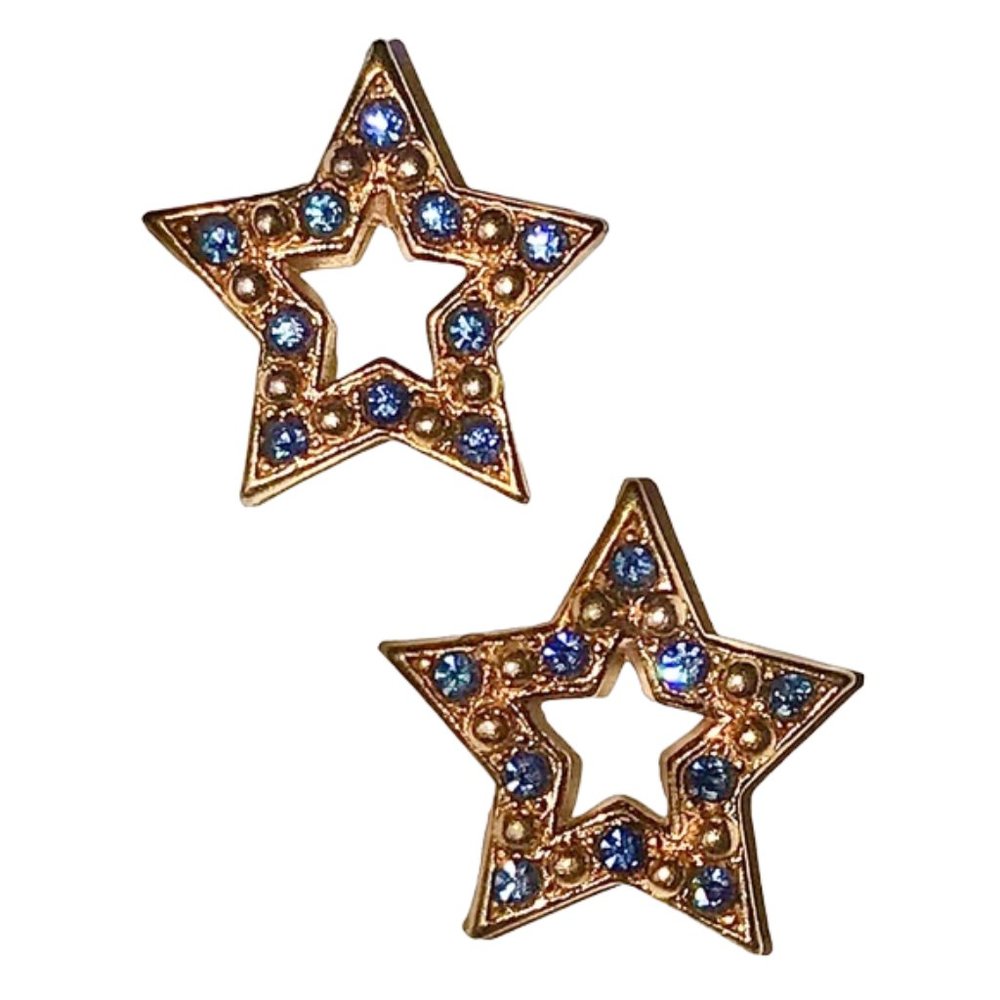 AVON Earrings 1994 Signed Sparkle Star Post Back Gold Tone Blue Rhinestone 3/4"